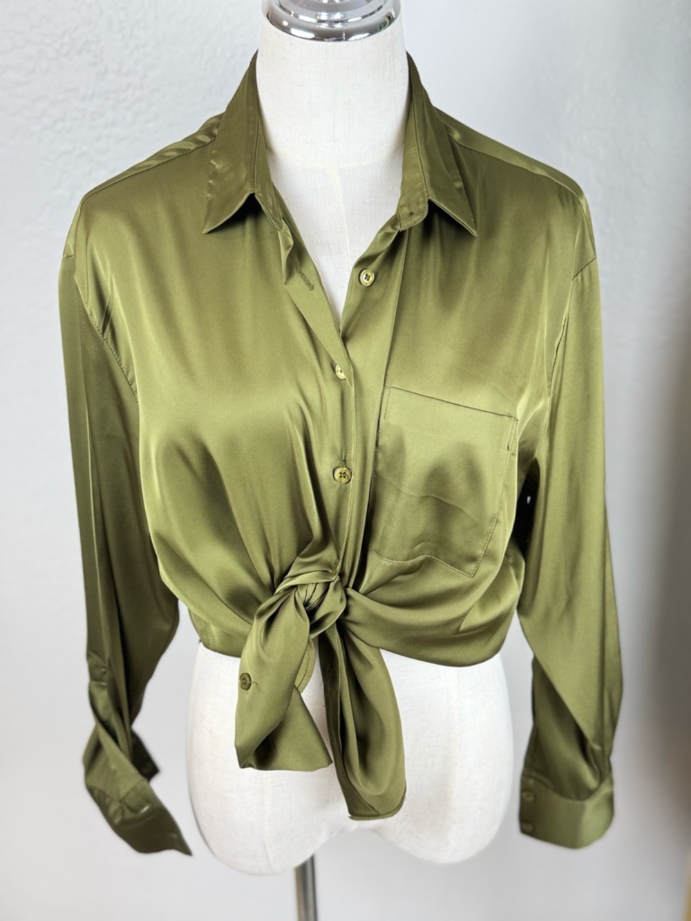 SEN Olive Green Satin Button Down Blouse Lagenlook/Minimalist/Quiet Luxury S